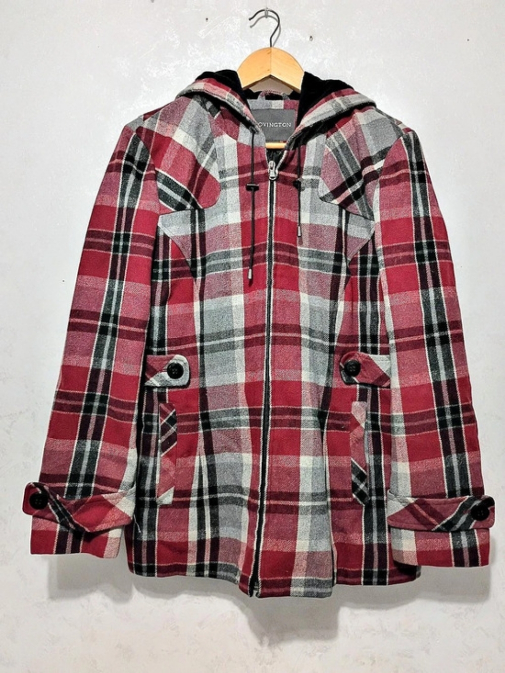 Covington Women's Size L Red Plaid Wool Blend Hooded Zip Pea Coat